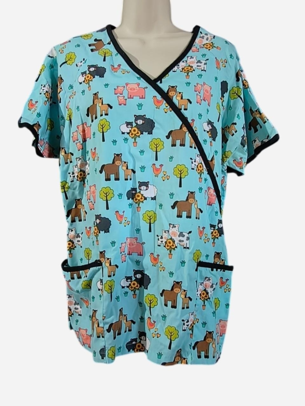 UA Scrubs Light Blue Farm Animal Print Wrap Scrub Top with Black Trim